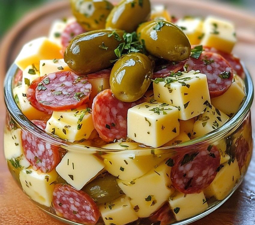 ¡Delicia Mediterránea! Aperitivo de Queso Marinado con Salami y Pepinillos