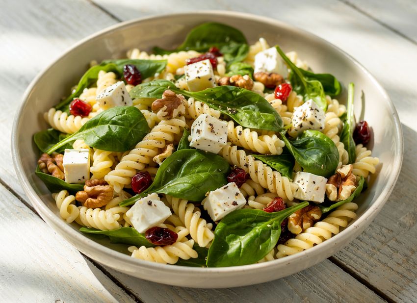 Ensalada de Pasta con Espinacas, Queso Feta y Arándanos: Un Plato Fresco y Saludable para el Verano
