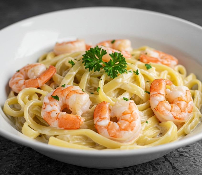 ¡Fettuccine con Camarones cremosos que te hará agua la boca!