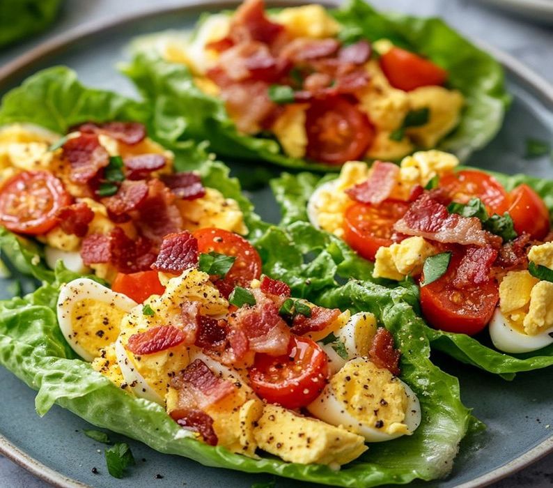 Wraps de Lechuga con Ensalada de Huevo y Bacon,Lechuga y Tomate: ¡Una delicia baja en carbohidratos!