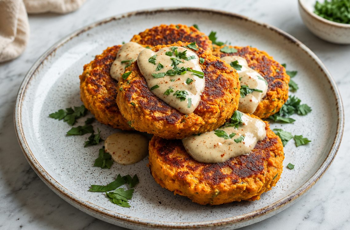 Hamburguesas de Garbanzos y Batata con Salsa Tahini: Doradas, Cremosas y Llenas de Sabor 🌿🍠✨